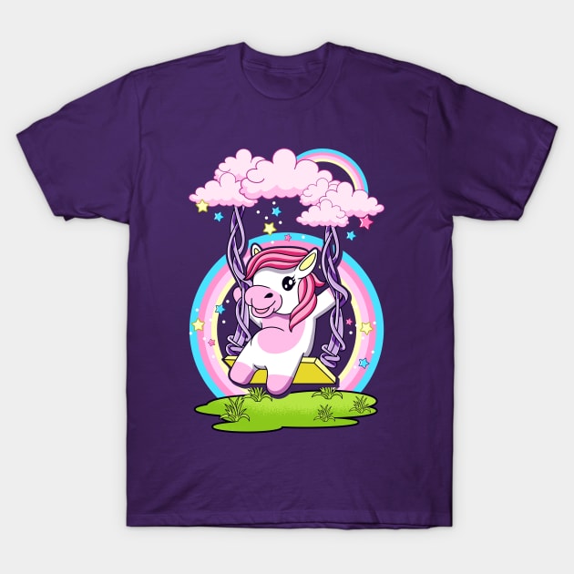 Cute Unicorn Swinging On Cloud Swing T-Shirt by E